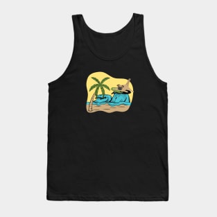 Pug Dog Surfing on the Sea Wave on the Summer Beach Tank Top